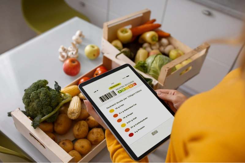 On-demand food and grocery delivery app enhancing convenience for users and restaurant owners Tablet showing nutrition levels of groceries being delivered