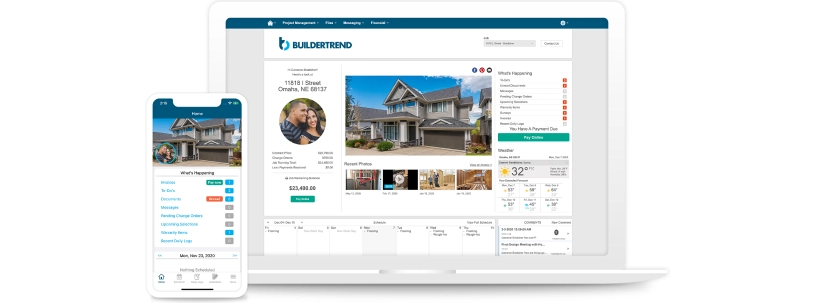 Buildertrend app with project management and financial tools for construction businesses Buildertrend project management interface on laptop and mobile