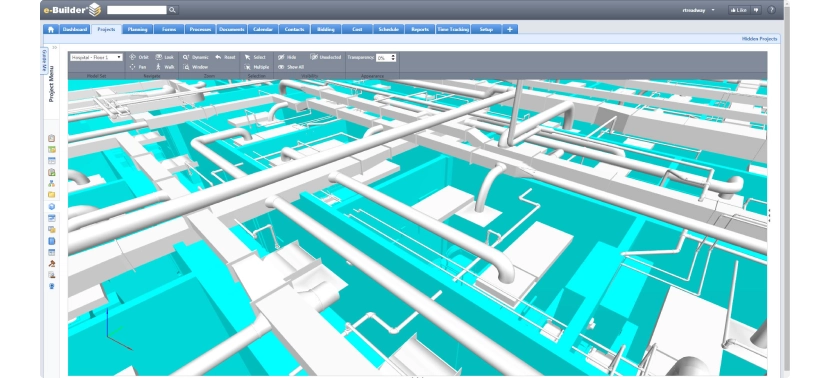 e-Builder app for construction project lifecycle management with real-time communication e-Builder construction management interface with 3D visualization