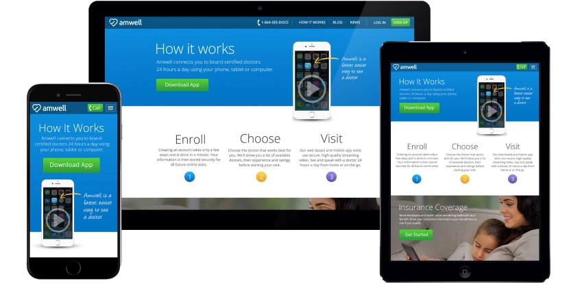 Amwell provides telehealth services accessible across devices with 24/7 availability Amwell telehealth platform shown on phone, tablet, and desktop screens