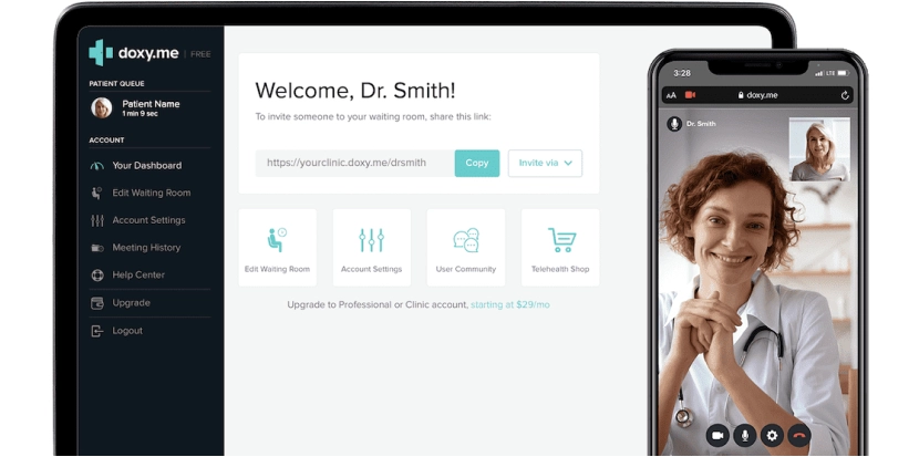 Doxy.me provides secure, HIPAA-compliant telemedicine services with video conferencing Doxy.me telemedicine platform interface shown on tablet and smartphone screens