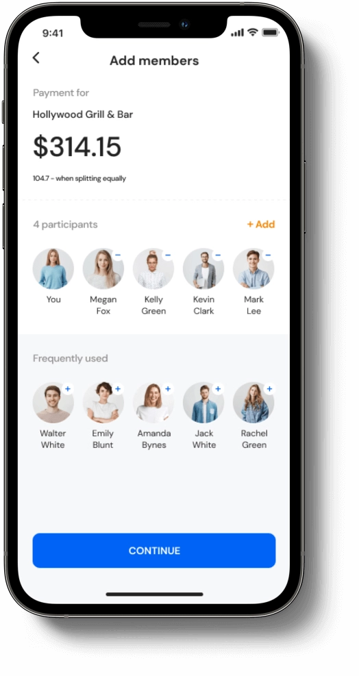 Adding participants and splitting payments in a mobile banking app Mobile banking app screen for adding participants to a payment