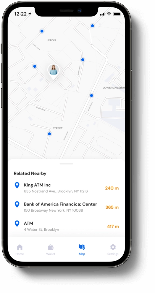ATM and bank branch locator feature in a mobile banking app Mobile banking app screen showing nearby ATM and bank branch locations