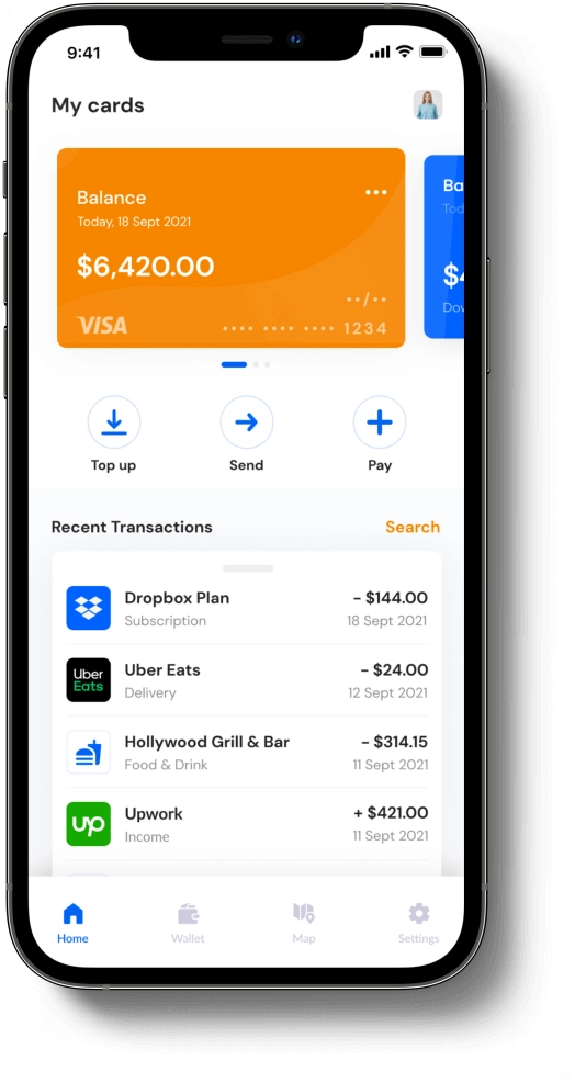 User balance and recent transactions in a mobile banking app Mobile banking app screen showing balance and recent transactions
