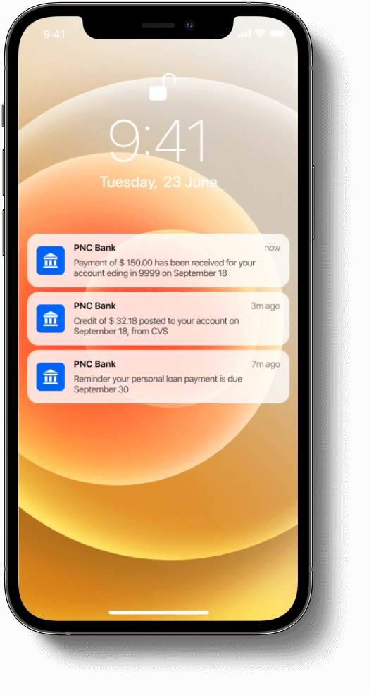 Push notifications feature in a mobile banking app for payment updates Mobile banking app screen with push notifications about payments and updates