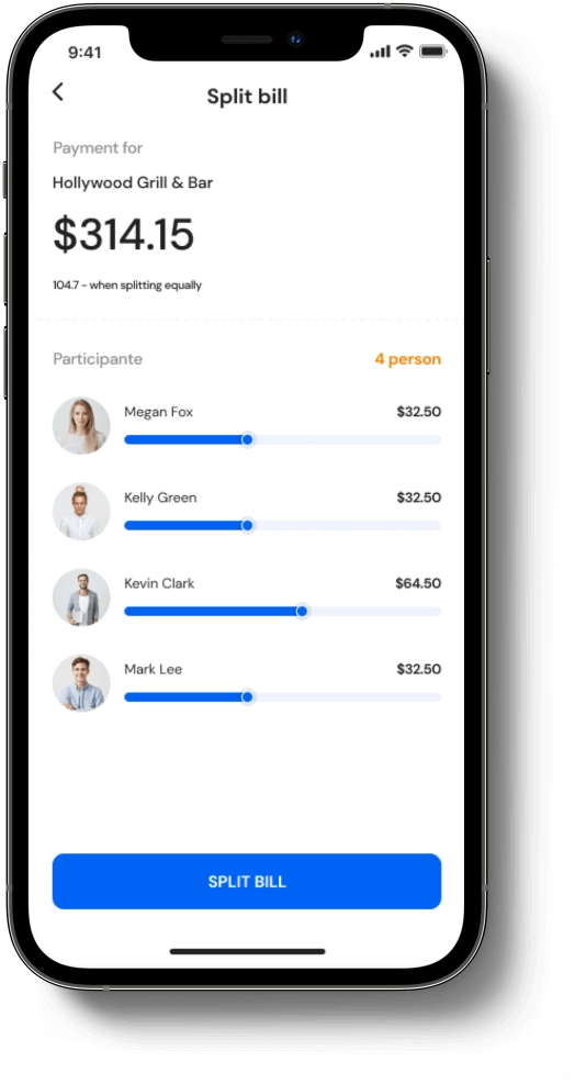 Bill splitting feature in a mobile banking app for shared expenses Mobile banking app screen for bill splitting among participants