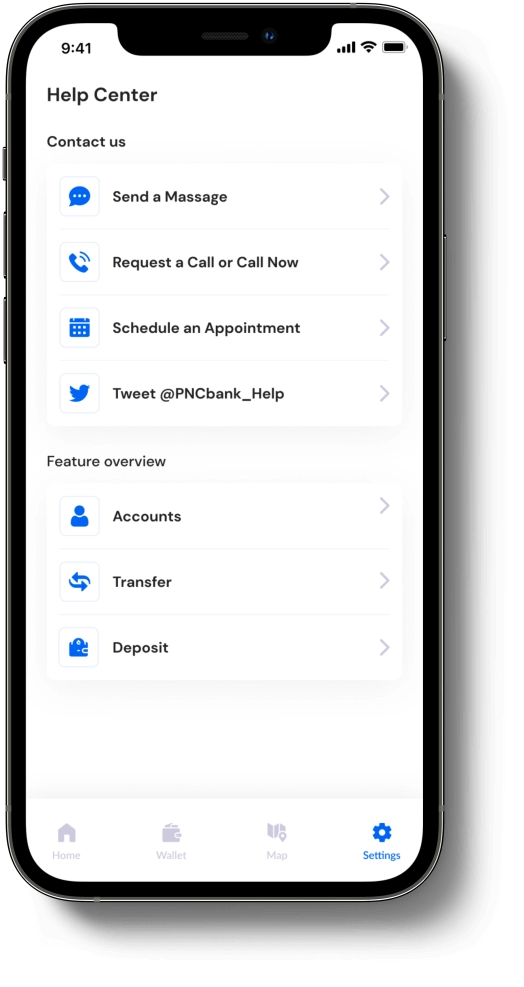 Customer support options and features in a mobile banking app Mobile banking app screen with customer support and feature overview
