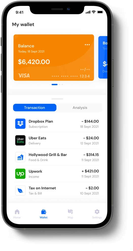 Wallet balance and transaction details in a mobile banking app Mobile banking app screen showing wallet balance and transaction history