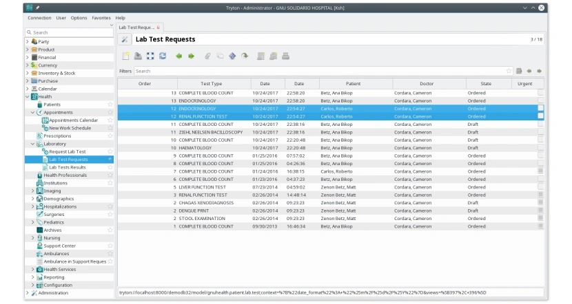 Lab data management system for tracking test requests and storing results Lab data management system showing test requests